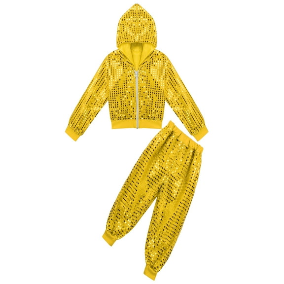 Alvivi Unisex Boys Girls Hip-hop Jazz Performance Costume Street Dancing Outfits Shiny Sequins Hooded Jacket Pants Set 3-14