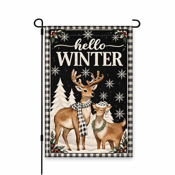 Decorative Garden Flag 12x18 Inch | Winter Deer, Snowflakes & Plaid Outdoor Decor for Yard, Lawn, Patio, Porch | Seasonal Holiday Winter Wonderland Theme