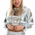 thumbnail image 2 of SWSMCLT Women's Metallic Hoodie Long Sleeve Crop Top Workout Shirt Dance Party Club Hooded Sweatshirt Shiny Cropped Top Silver X-Large, 2 of 4