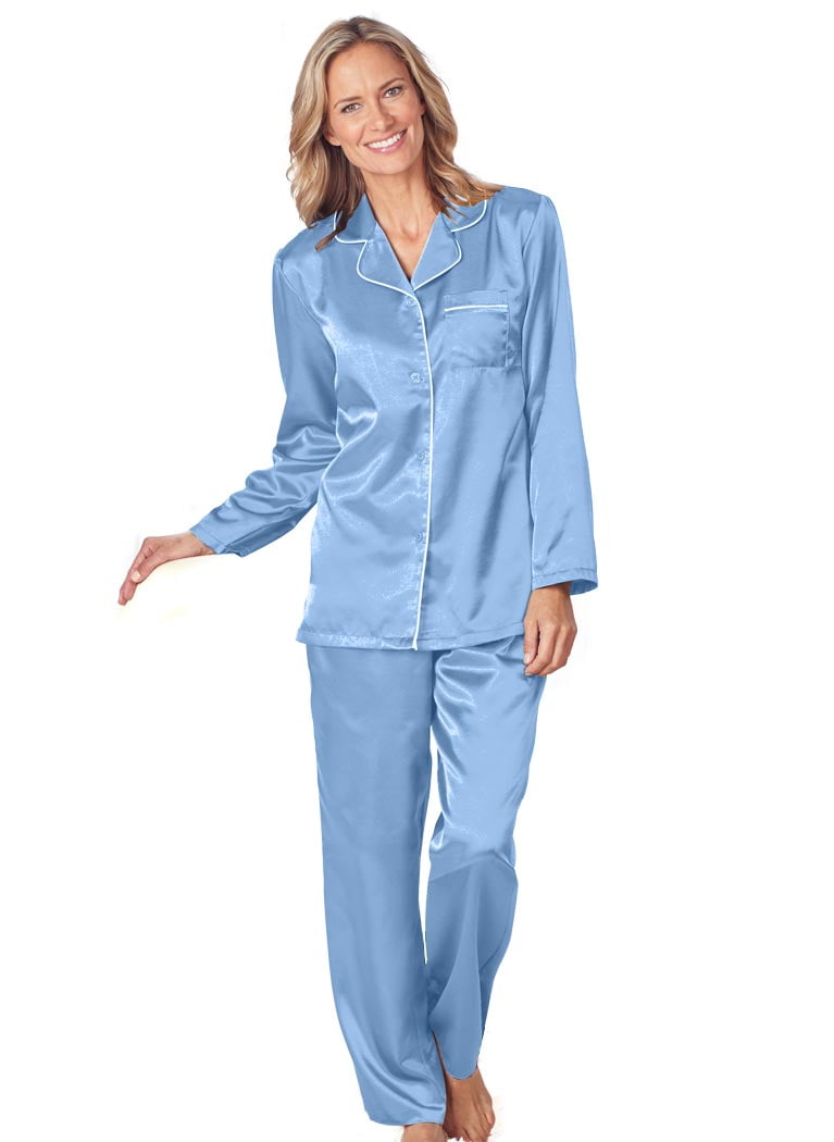 AmeriMark Women’s Satin Pajama Set – Elastic Waist Pants and Long ...