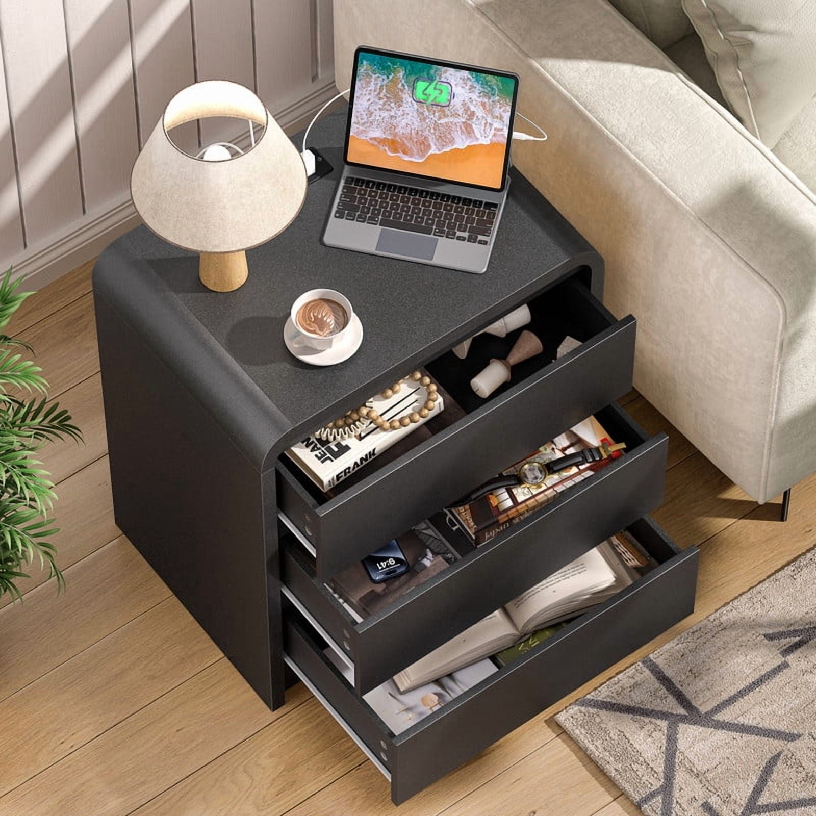 1-Piece Wooden Nightstand with Charging Station, Curved Edge Bedside Storage Table with 3 Handleless Drawers