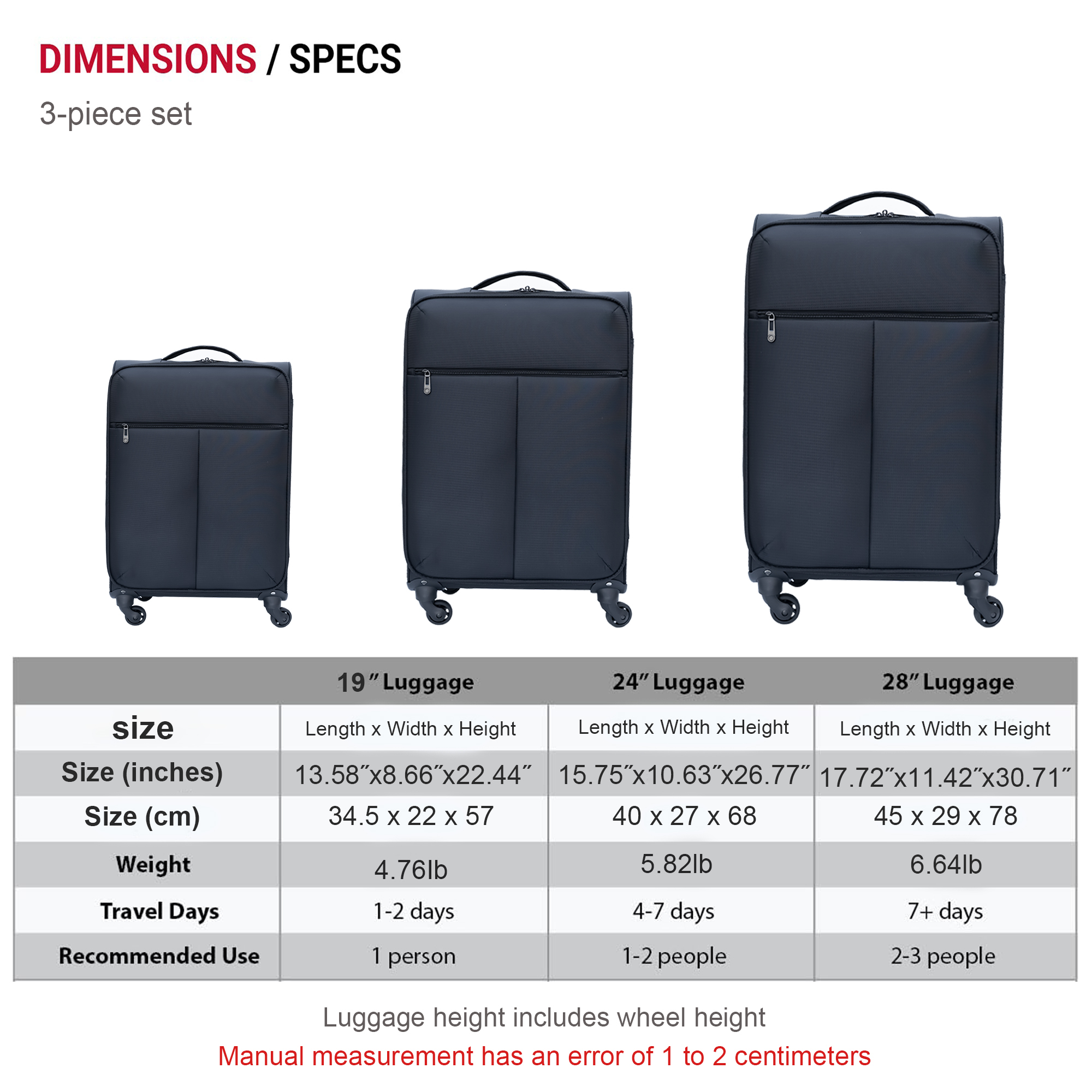 Softside 3PCS Luggage Set 20" Carry-on Luggage, 24" Checked Luggage and 28" Lightweight Suitcase for Travel with TSA Lock Spinner Wheels