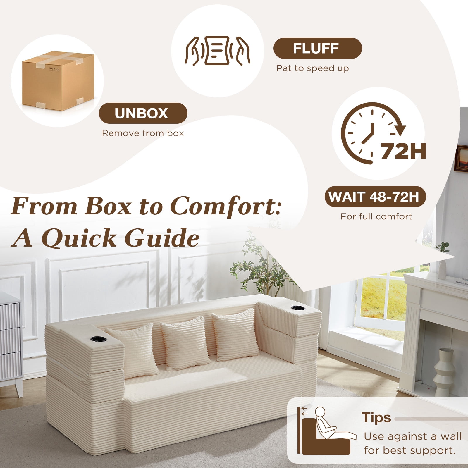 78.7'' Folding Sofa Bed with 2 Ottomans, 3-in-1 Convertible Foam Futon, Flip-Up Armrest with Cup Holder, Oeko-TEX Certified Corduroy, No Assembly Sleeper Couch for Small Space, Beige