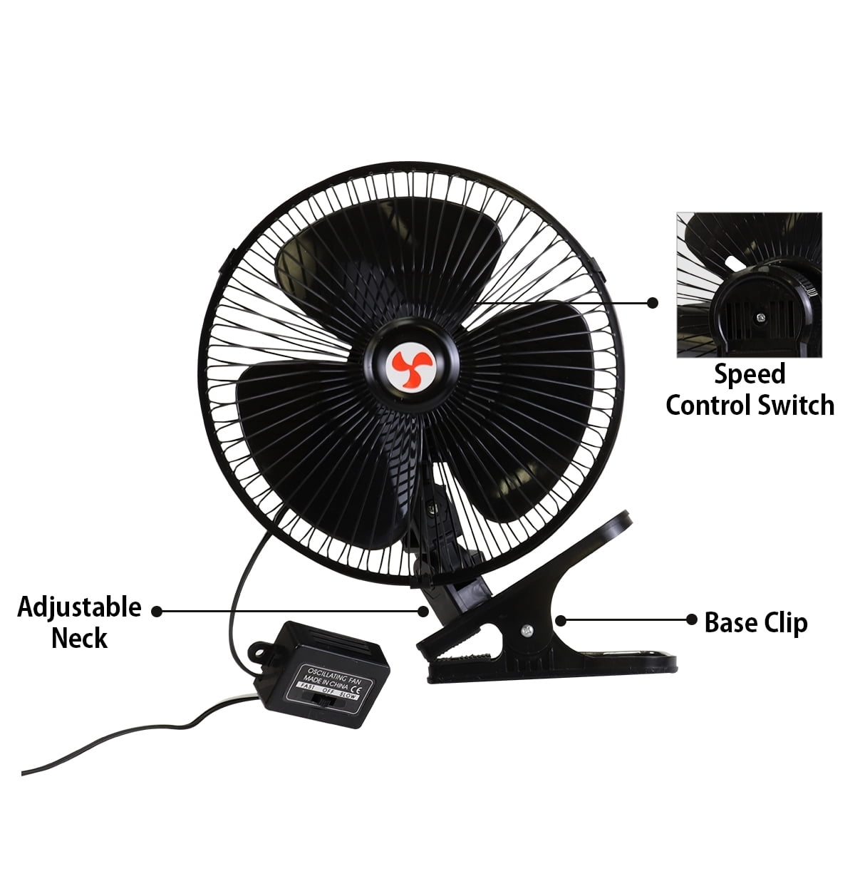 Koolatron 12V Oscillating Fan with Adjustable Neck and Non-Slip Clip
