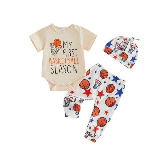 BemeyourBBs Newborn Baby Boys My First Basketball Season Outfit Infant Boys Summer Clothes Letters Print Short Sleeve Romper Basketball Pants Set Hat