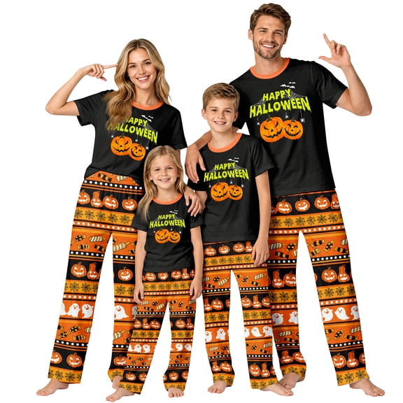 Onlypjs Family Halloween Pajamas Matching Sets Happy Halloween Striped Short Sleeve Sleepwear Loungewear for Couples Adults Women Men
