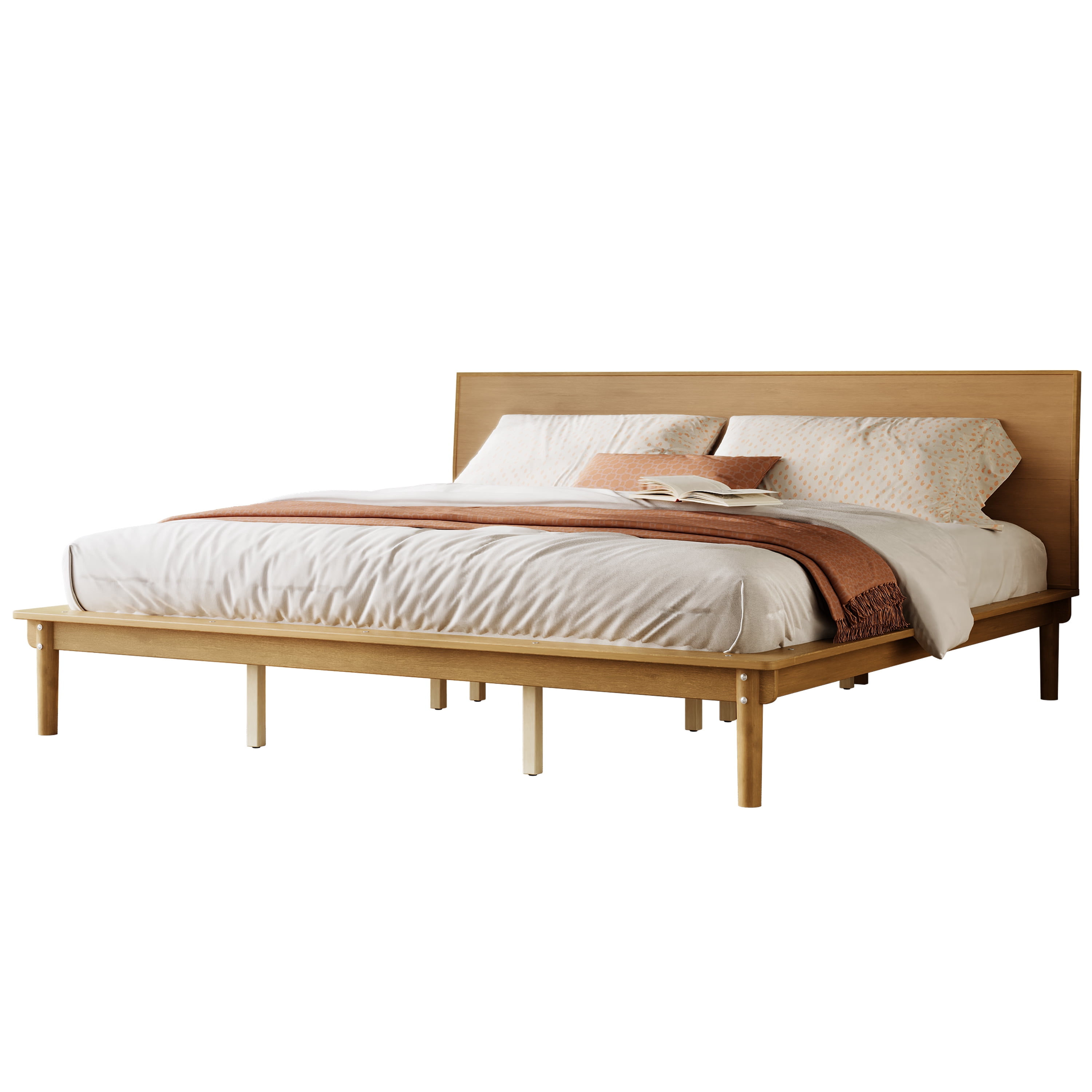 Euroco Wood Mid-Century King Bed, Low Profile Platform Bed Frame with Subtly Angled Headboard, Widened Side Rails, No Box Spring Needed, Walnut