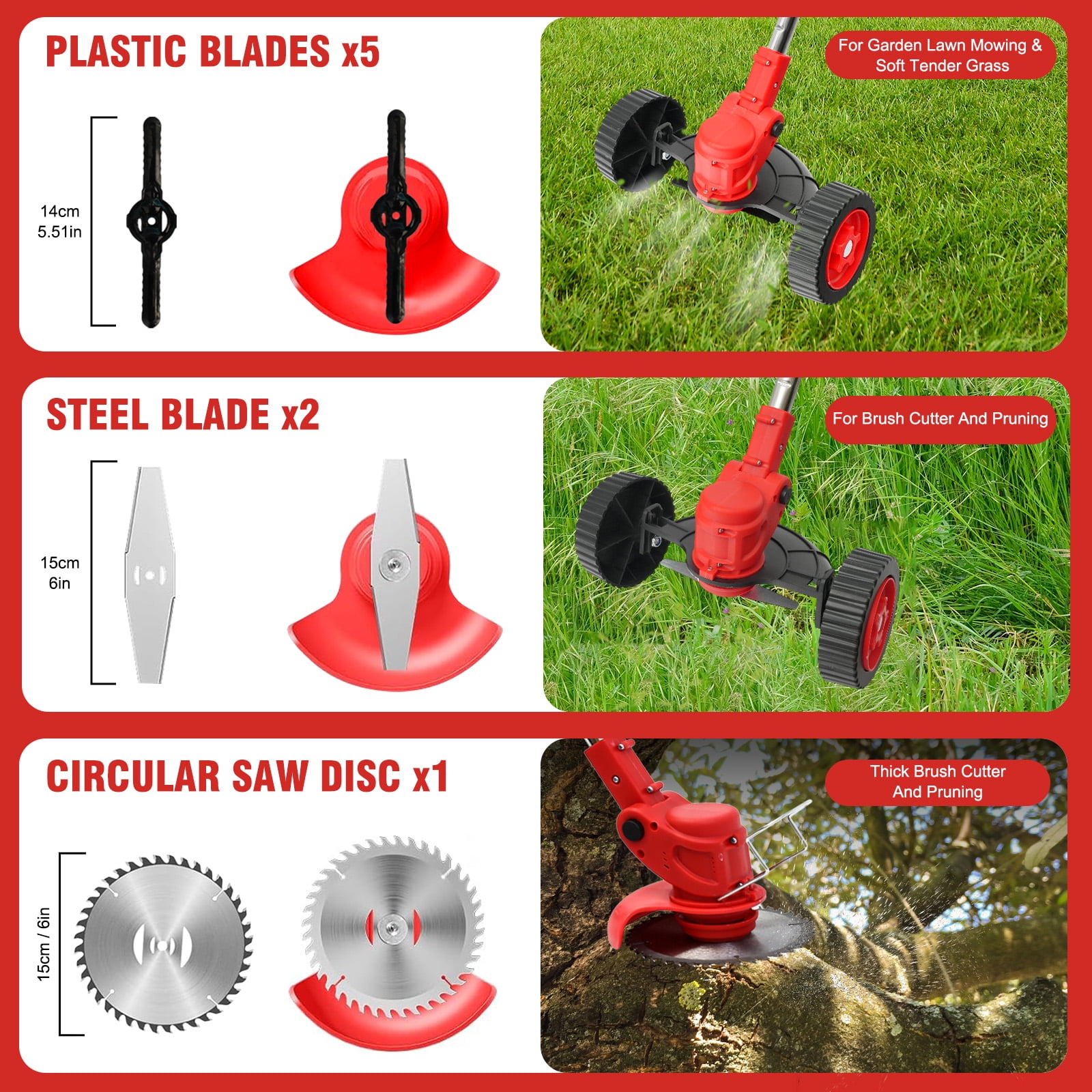 GiftGalore 24V Cordless String Trimmer, 2-in-1 Weed Wacker & Brush Cutter with 2×1300mAh Batteries & Charger, Telescopic Handle with 90° Rotating Head, Wheels & Goggles Included, Red