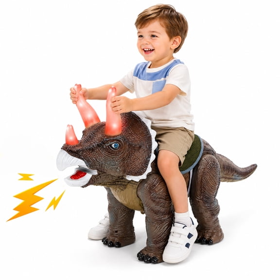 JoyStone Dinosaur Ride On Toy for Toddlers, Triceratops Ride-On Push Car with Sound and Light, 4-Wheel Ride On with Traction Rope, Indoor Outdoor Toddler Toy Gift