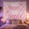 thumbnail image 2 of She Prays She Shines Typography with Pink Bows, Inspirational Illustration for Faith Decor Fans, Wall Decor, Friendship Gift, Tapestry Wall Hanging for Bedroom and Dorm, 2 of 7
