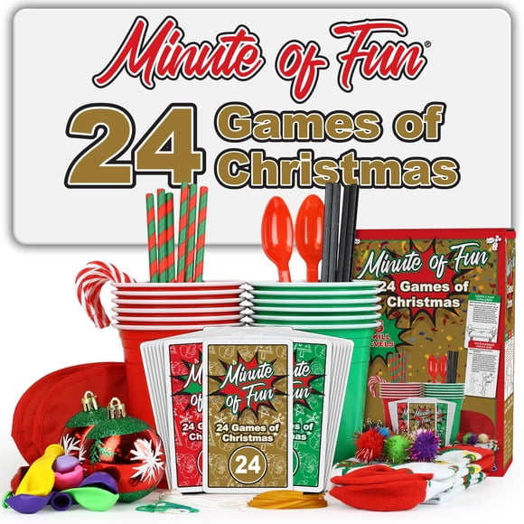 Funwares Minute Of Fun 24 Days Of Christmas - 24 Fun Christmas-Themed Minute To Win It Games & Challenges For Kids Adults Teens And Families - All Contents To Play Are Included 2-12 Players!
