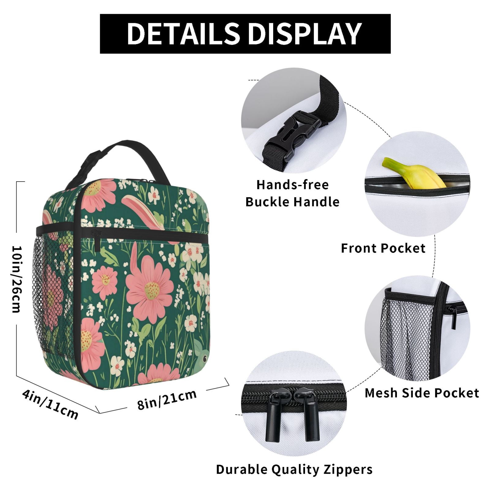 Lunch Bag For Women Men Insulated Portable Lunch Box Bento Box Office Picnic Travel Cooler Bag Flowers (13)