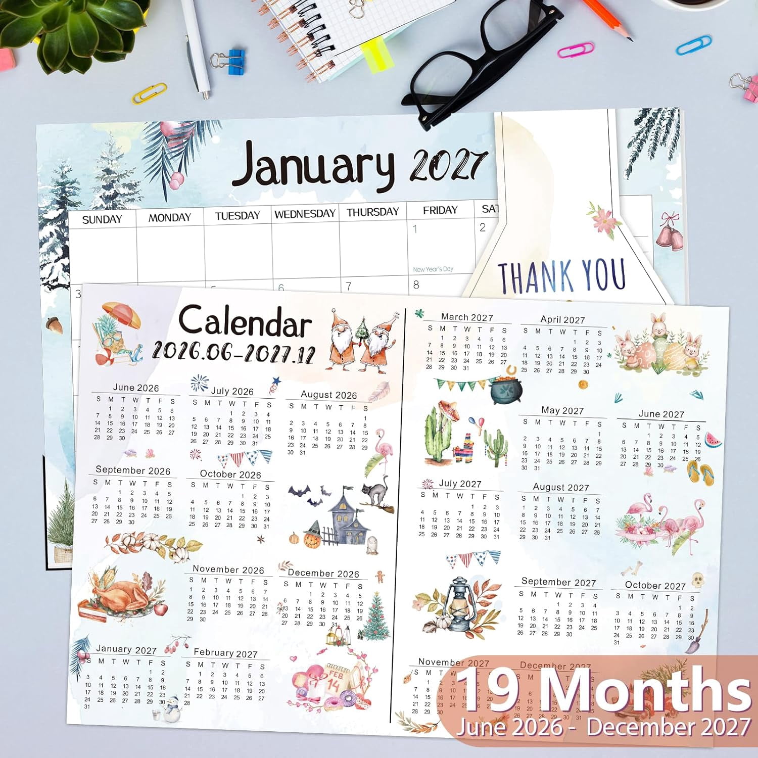 Desk Calendar 2026-2027, School Year 2026, 19-Month Desk/Wall Calendar, 2026 Jun - 2027 Dec, 17" X 11.5" Monthly Planner With Corner Protectors, Thick Paper For Home Office