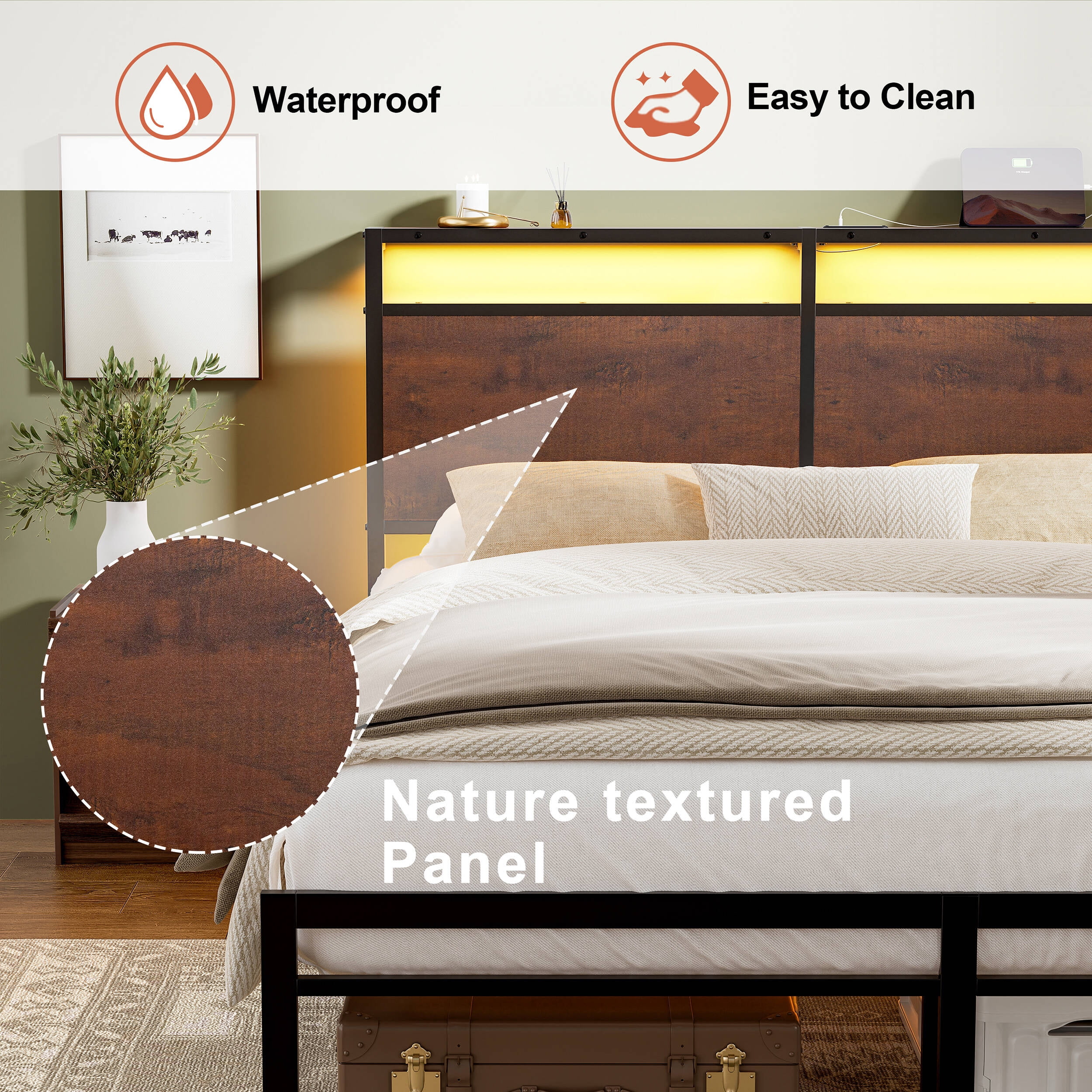 GUNAITO Queen Bed Frame with Headboard Metal Platform Bed with LED Lights and Charging Station, Rustic Brown