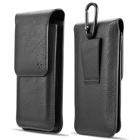 6.5-inch Vertical Black PU Leather Universal Cell Phone Holster Pouch with Belt Loop, Carabiner Clip, and Card Slots