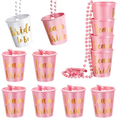**12 pieces bride plastic beaded bridal shot glass necklace gold foil for bachelorette party bridal party necklaces (white, light pink)