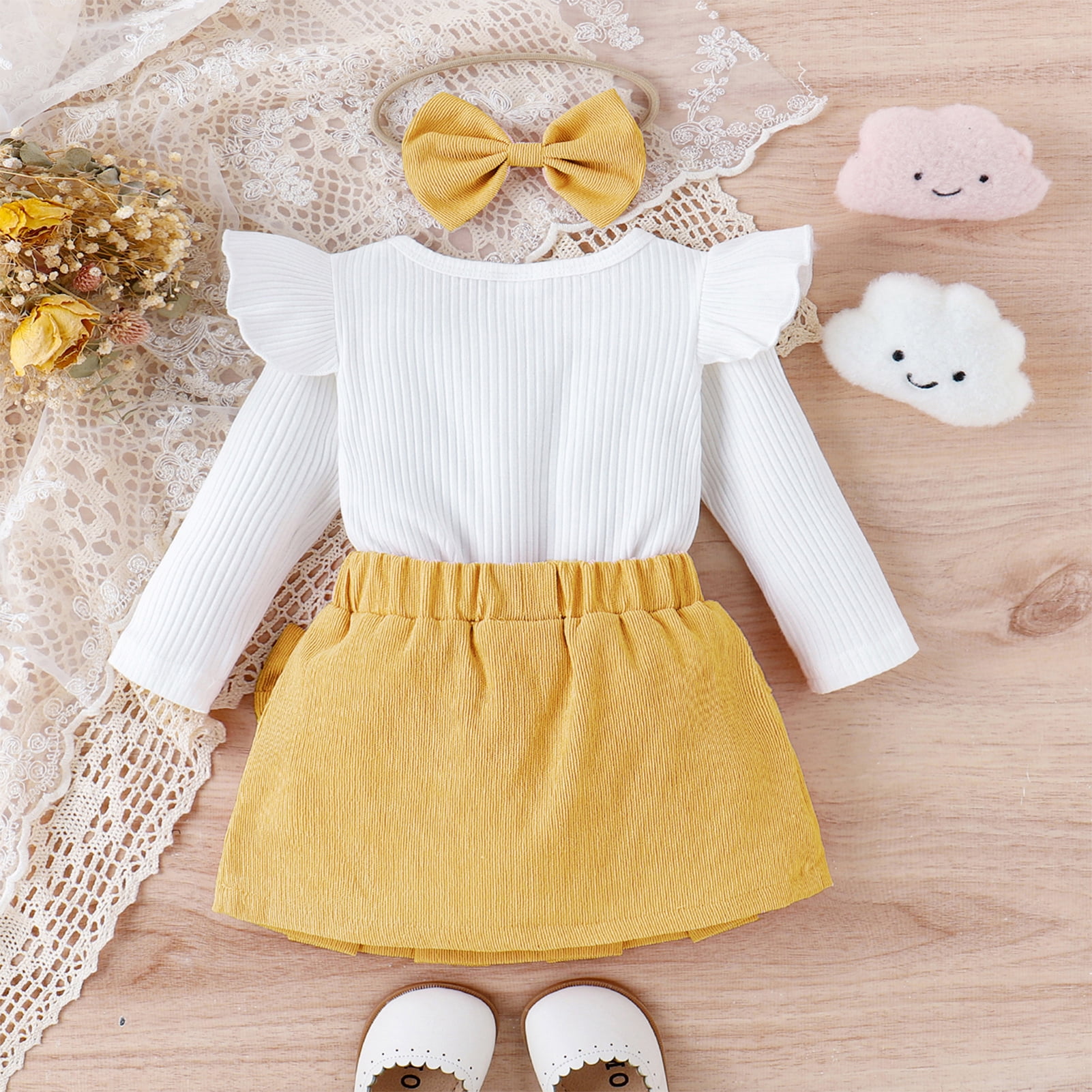 IWEMEK Toddler Girl's Outfit Crew Neck Solid White T-Shirts Casual Chic Bow Knot Yellow Short Skirts Spring Clothing 1-2Y