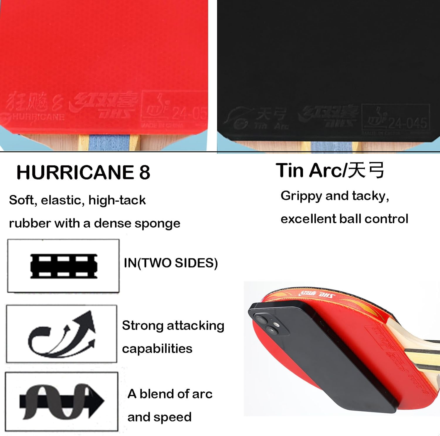 DHS Ping Pong Paddles Professional Table Tennis Racket with Hurricane Rubber Carrying Case - ITTF Approved Rubber for Tournament Play