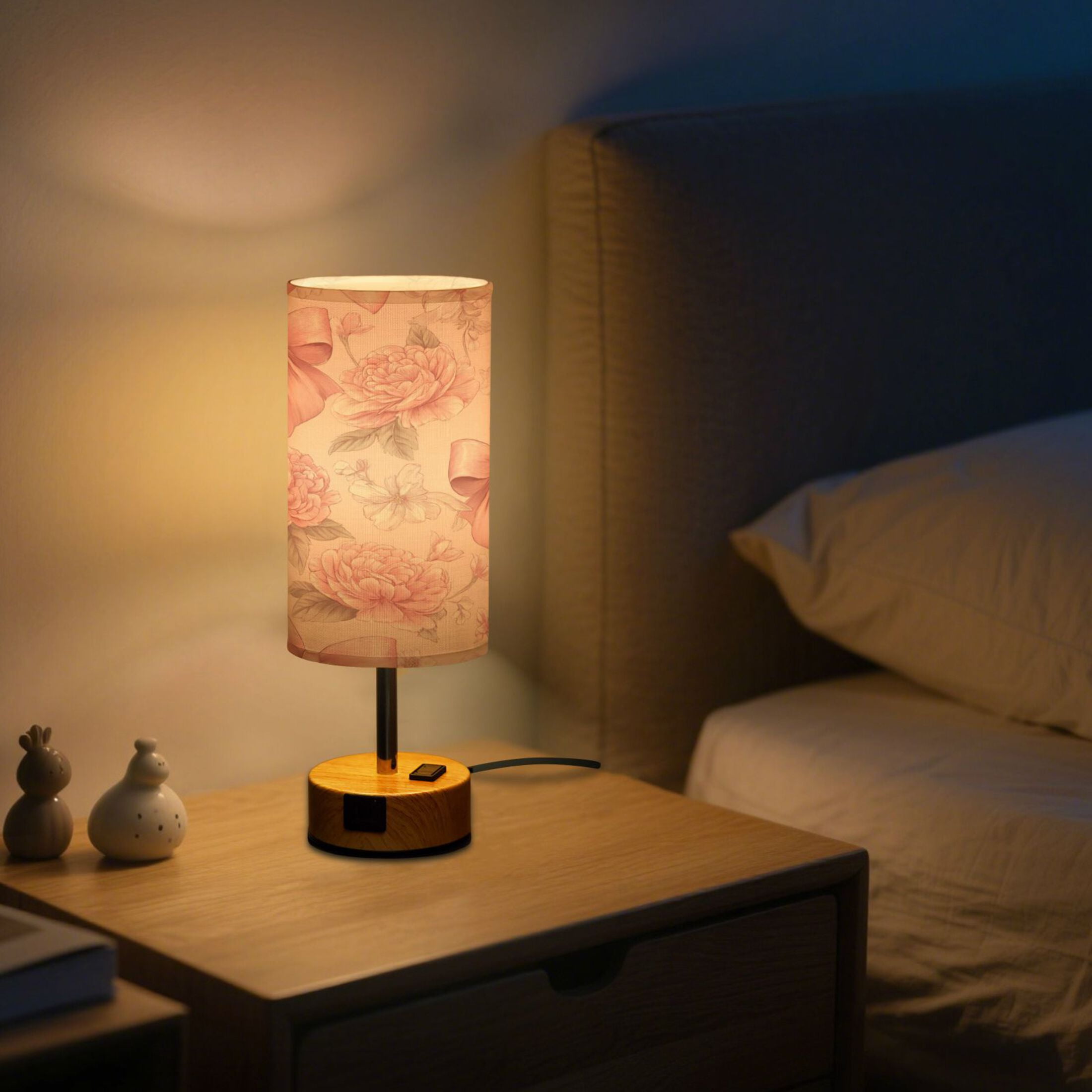 Touch-Control 3-Color Desk Lamp with Plug – Energy-Saving LED + 3 Simultaneous Charging Ports Pink Bows and Peony Flowers