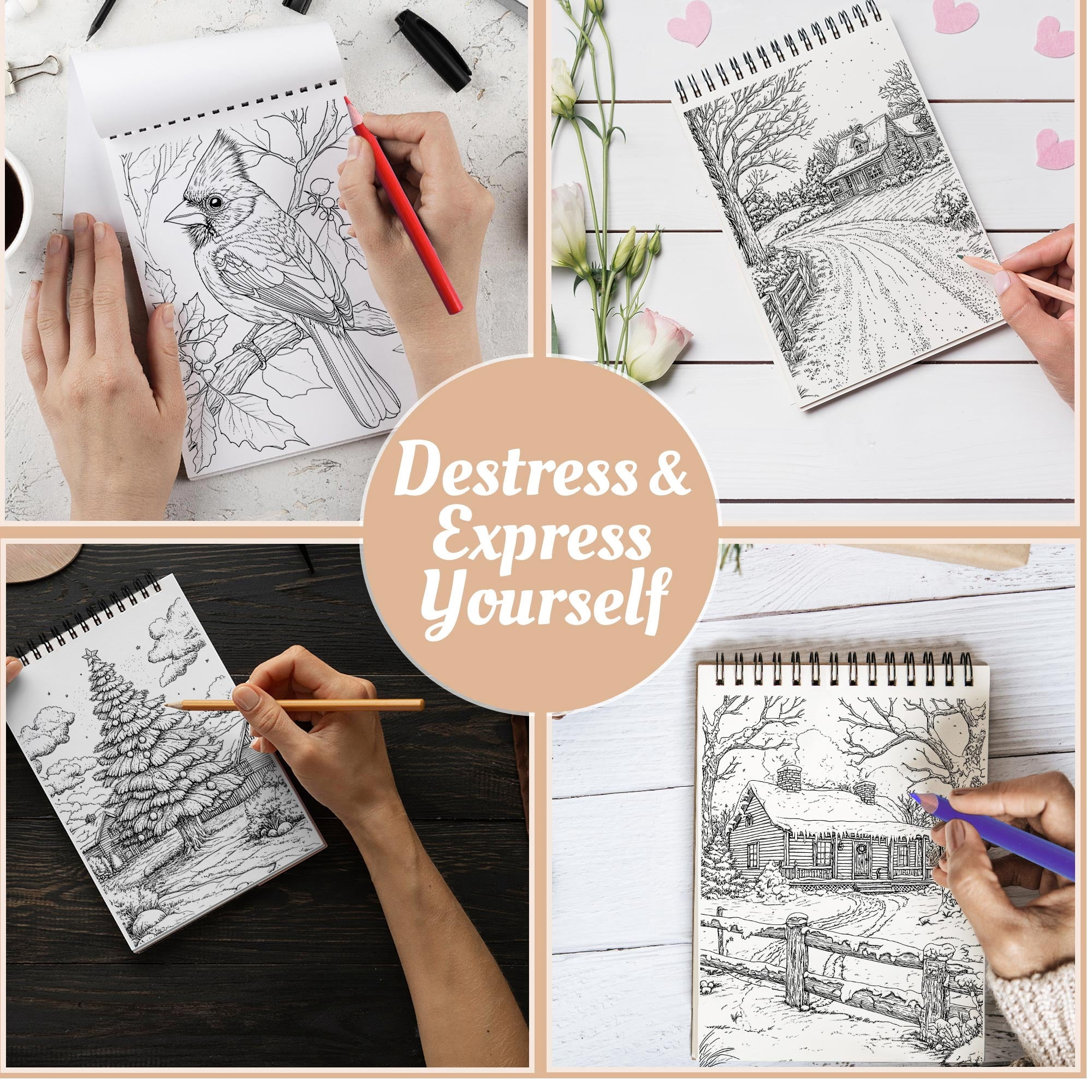 Netecom Country Christmas Coloring Book Spiral Bound for Adults, A5 Wooden Cover, 30 Stunning Coloring Pages of Winter Landscapes for Stress Relief and Relaxation