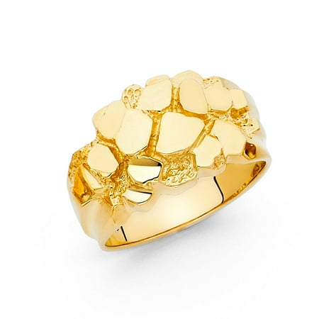 - Solid Nugget Ring 14k Yellow Gold Chunky Band Textured Polished Finish Genuine Men 13MM