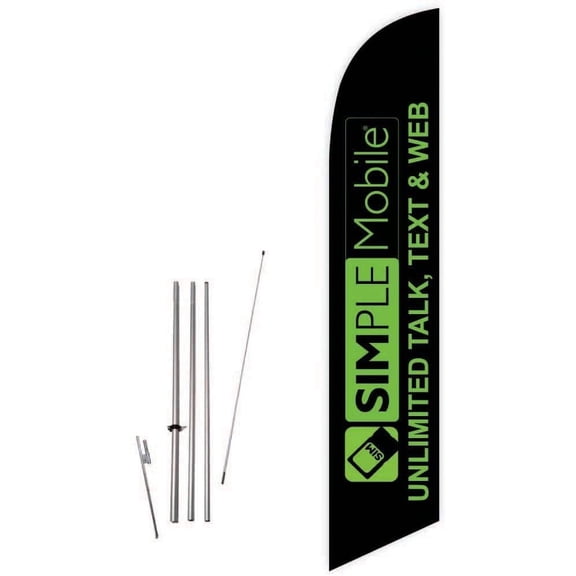 Cobb Promo Simple Mobile Unlimited Talk Text & Web Black Feather Flag with Complete 15ft Pole kit and Ground Spike