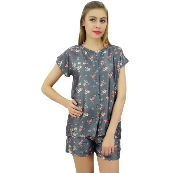 Bimba Womens Floral Satin Gray Pj Set Buttondown Shirt Shorts Night Dress-20