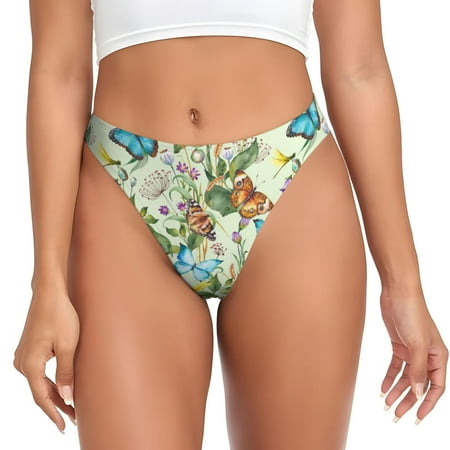 Qokaie Meadow Plants And Butterflies Printed Women s Cotton Thong Underwear  Sexy Breathable Panties G-string-X-Small