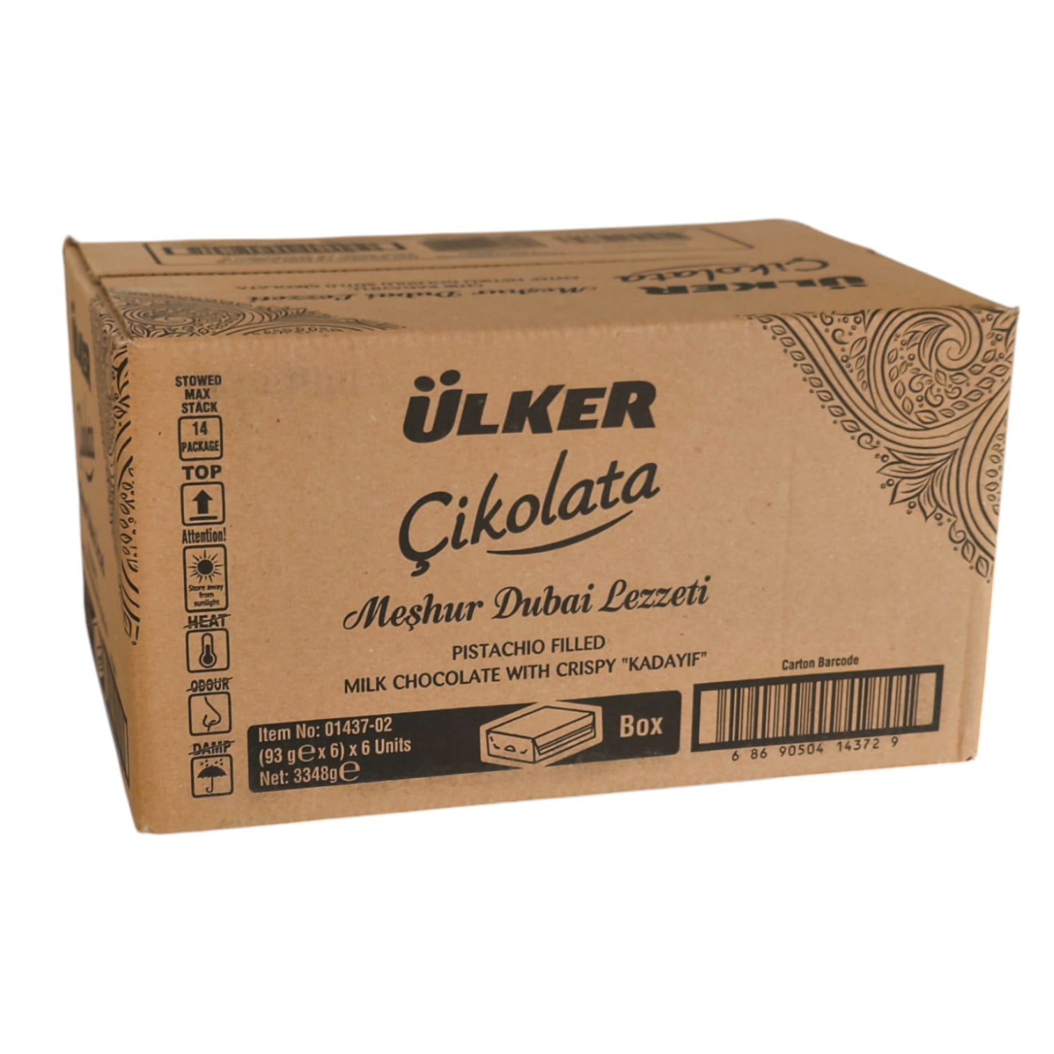 Ulker Dubai Chocolate Bar with Pistachip and Kadayif 3.28 oz x 36 pcs