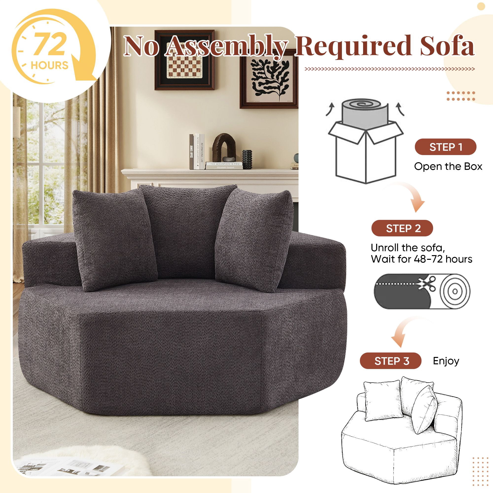 Lunale Oversized Boneless Chaise Lounge Chair Indoor, Round Cloud Couch, Accent Reading Chair for Living Room, Bedroom, Gray Chenille