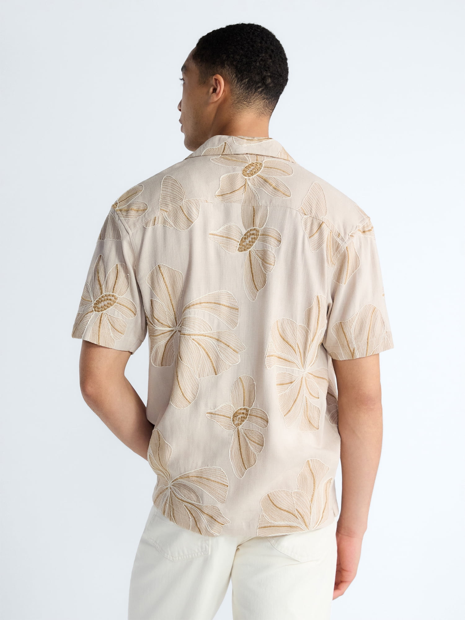 Free Assembly Men's Embroidered Linen Blend Camp Shirt with Short Sleeves, Sizes XS-3XL