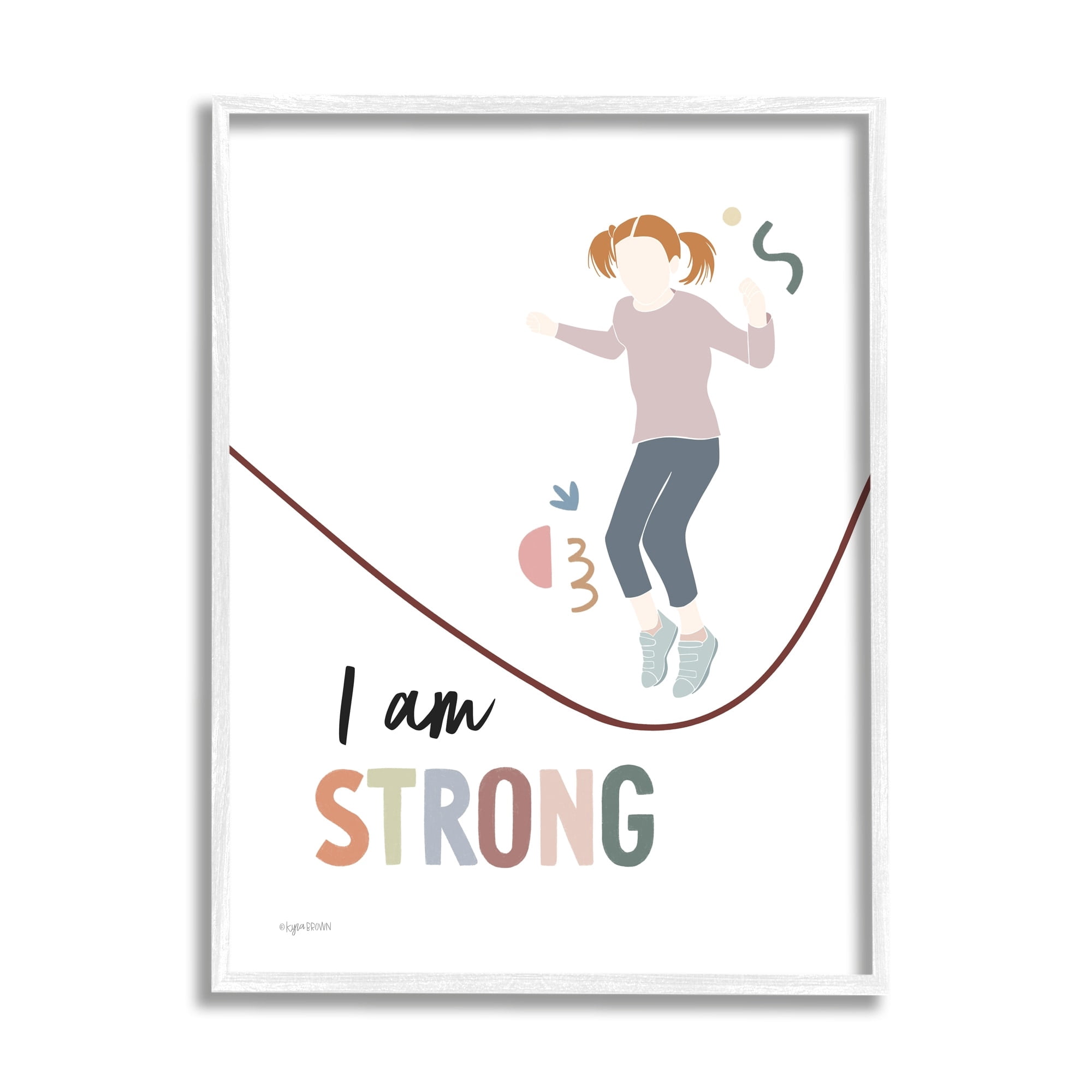 Stupell Industries I Am Strong Uplifting Girl Jumping Rope Phrase Graphic Art White Framed Art Print Wall Art, Design by Kyra Brown