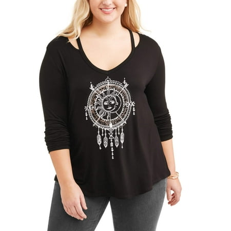 Junior Plus Graphic V-Neck Tee With Cutout Shoulder Detail