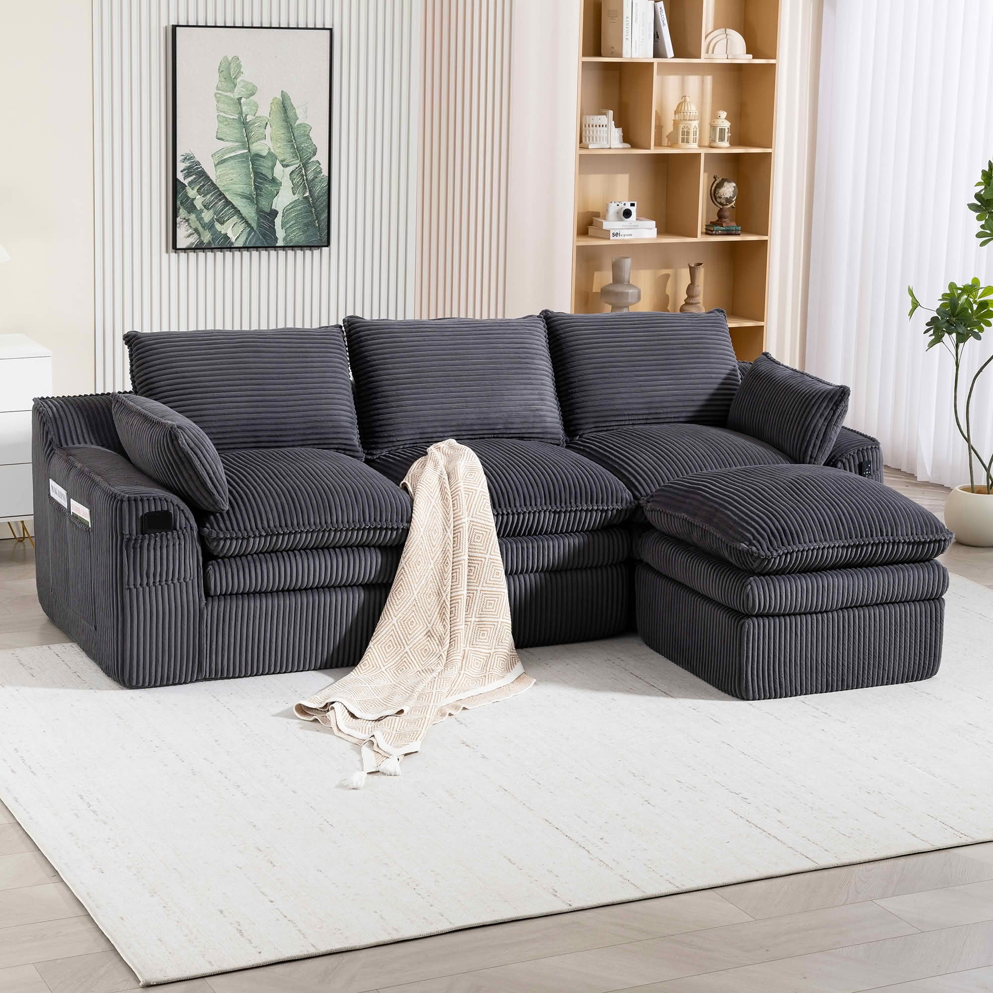 MAYEERTY Modular L Shape Corduroy Sectional Sofa, Compressed Boneless Cloud Couch with Footstool & Pillows for Small Living Space