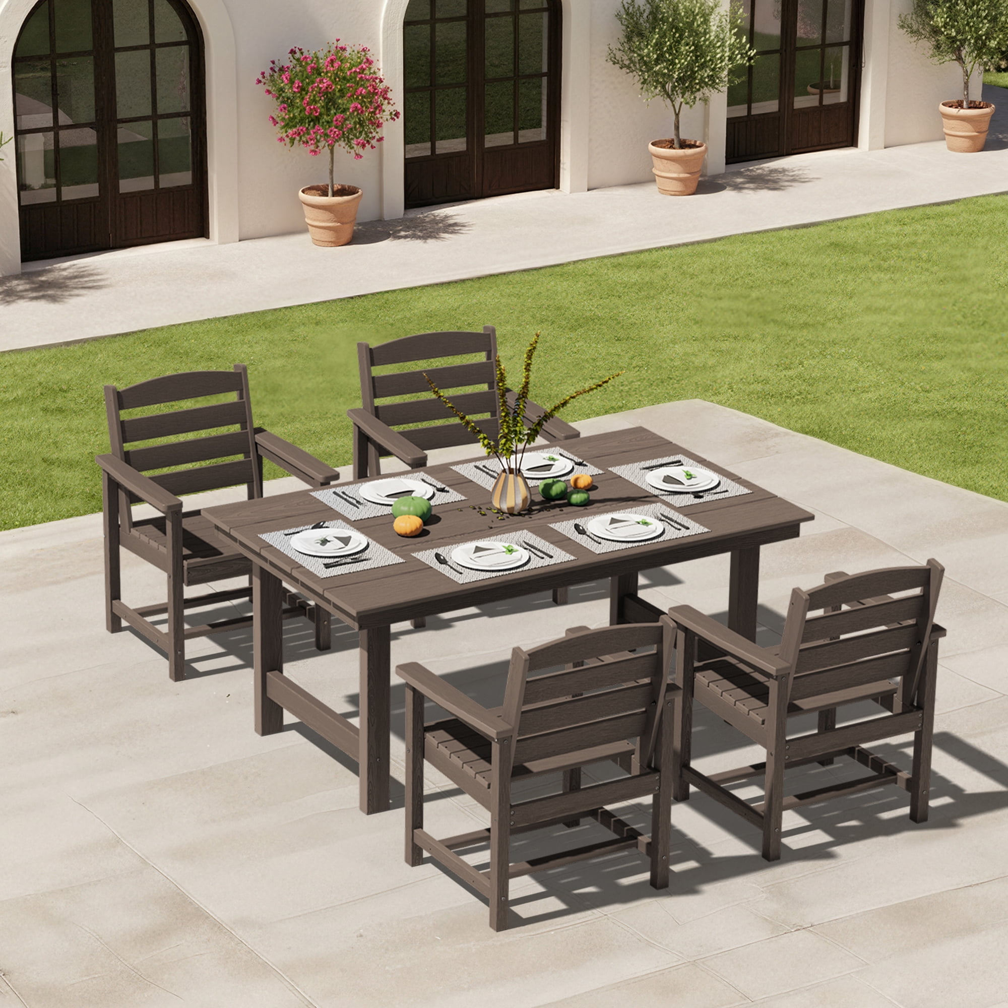 KINGYES 5 Piece Patio Dining Set for 4, HDPE Outdoor Table and Chairs Set with Umbrella Hole, Dark Brown