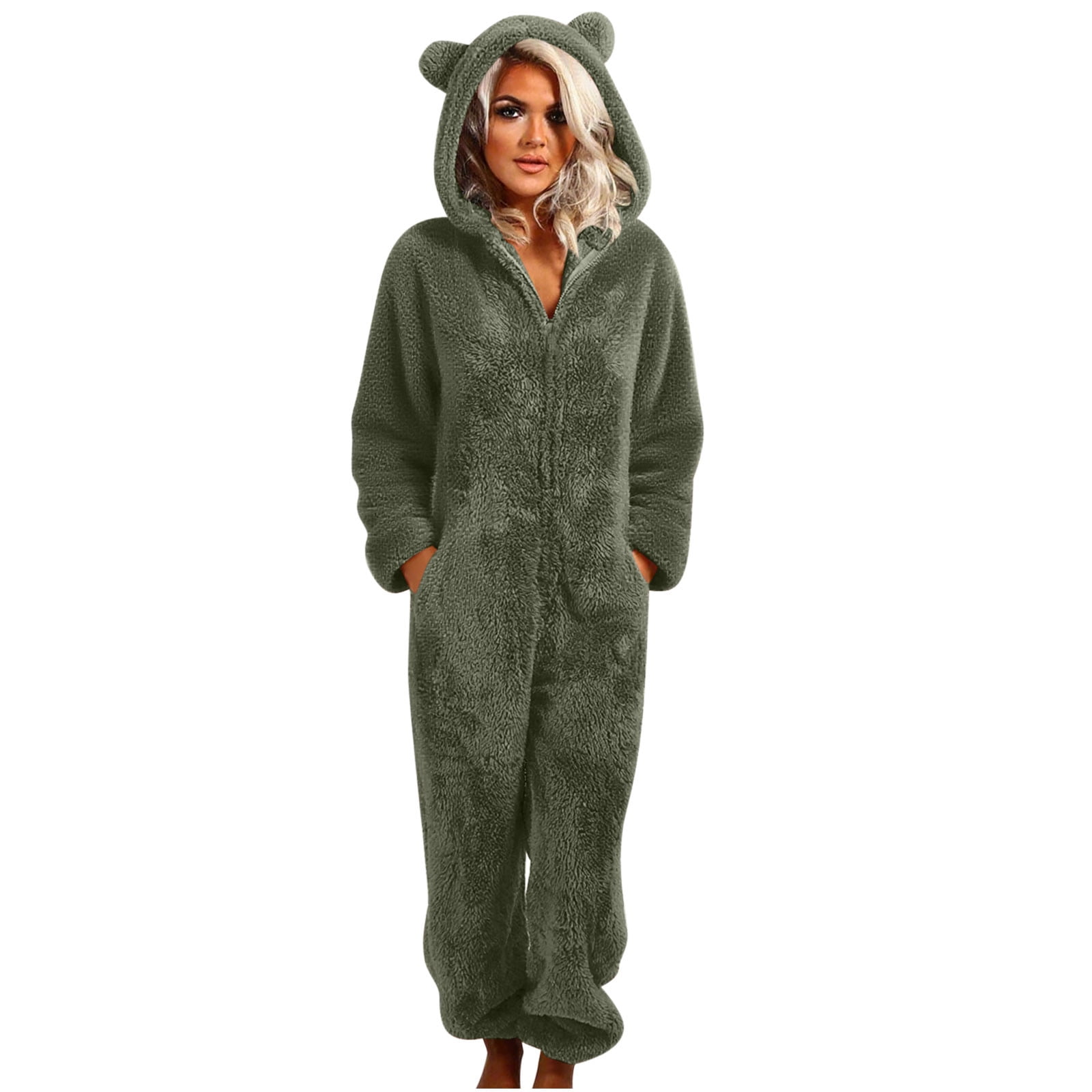 Handshe Womens Fleece Onesies Pajamas Jumpsuit Warm Sherpa Romper Sleepwear One Piece Zipper Hooded Playsuit Loungewear