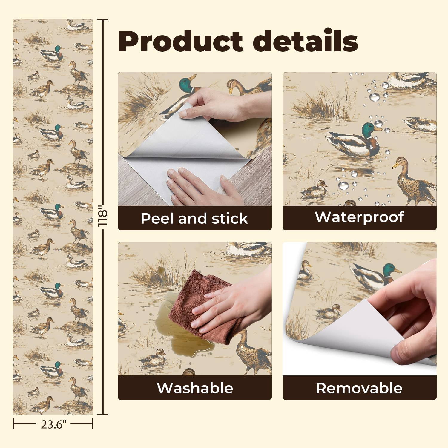 Peel and Stick Wallpaper Vintage Ducks Swimming Wading Pond Wall Mural 23.6in x 9.8ft Self Adhesive Removable Wall Paper Renter Friendly Wallpaper for Nursery Bedroom Cabinets
