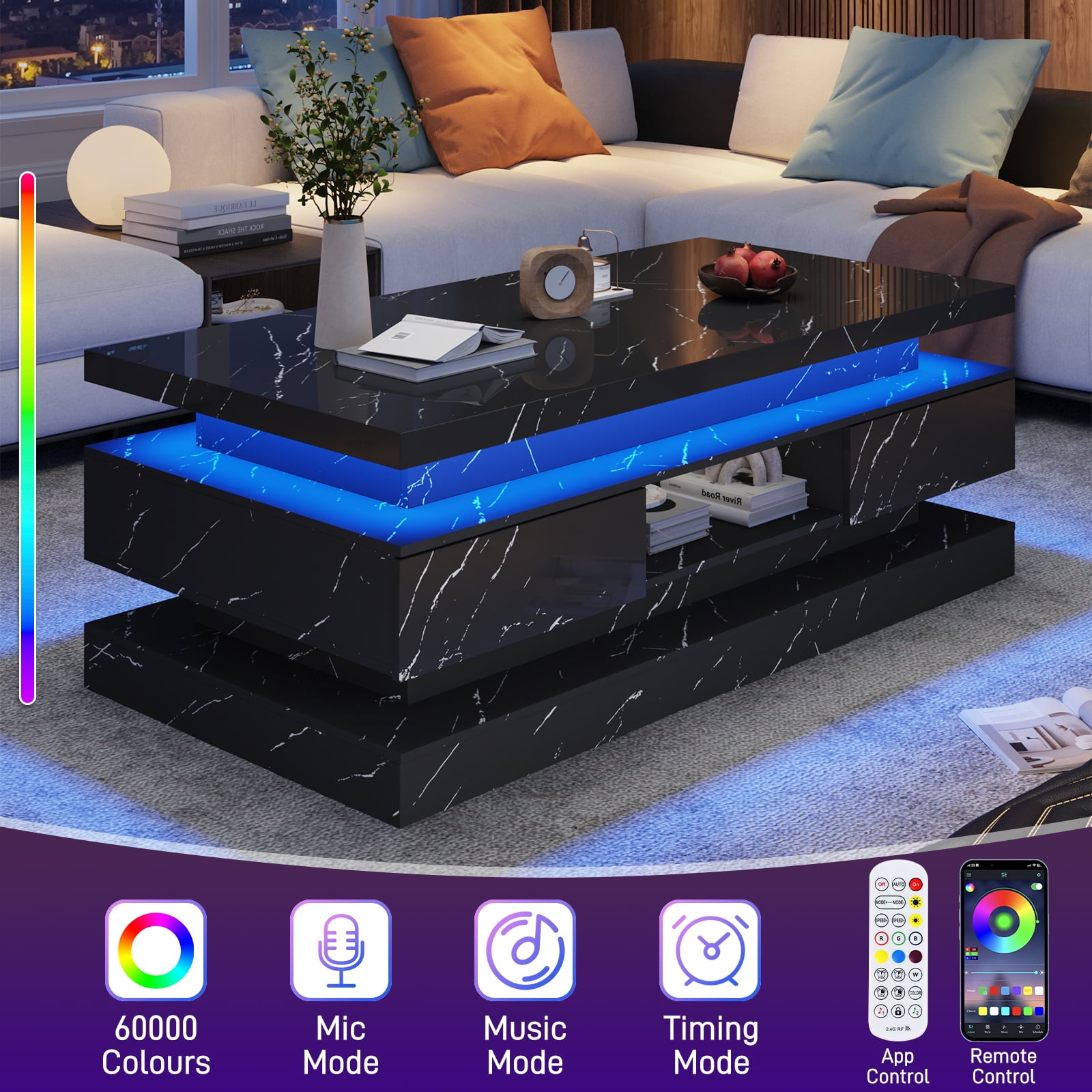 ChVans 47'' LED Coffee Table with 2 Storage Drawers, Modern High Gloss Black Coffee Table with Marbling Print, 3-Tier Rectangle Center Table for Living Room, APP Control