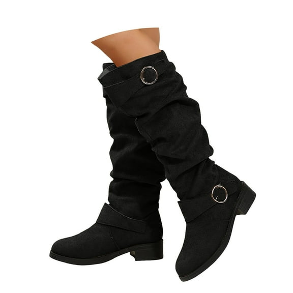 Chenyee Women's Slouchy Knee High Boots Wide Calf Suede Block Low Heel Knee Length Booties