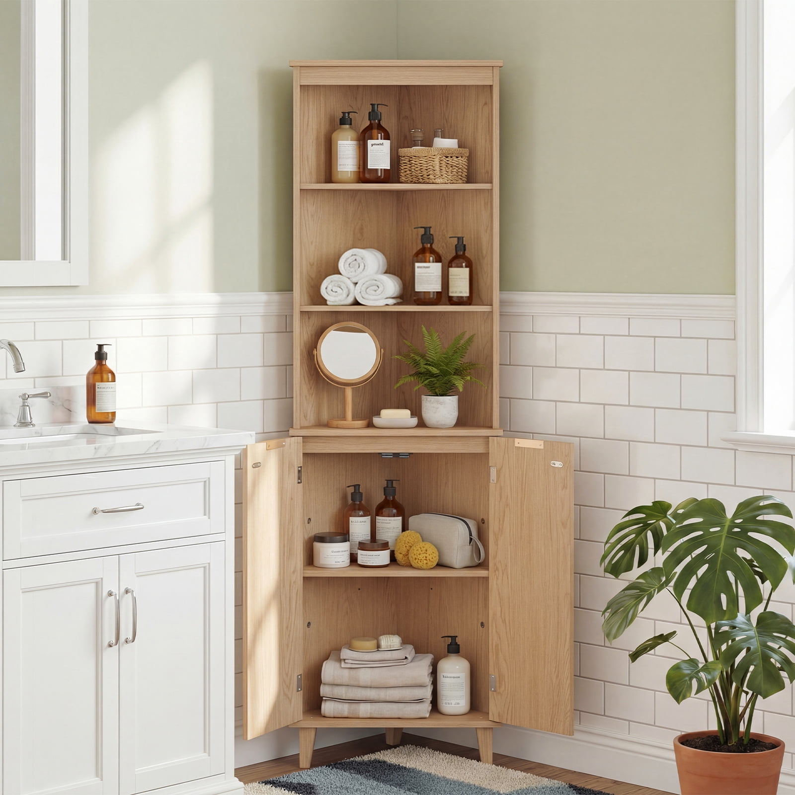 Costway 68" Tall Corner Bathroom Cabinet with Fluted Doors, 6-Tier Space Saver Bathroom Storage Cabinet Oak
