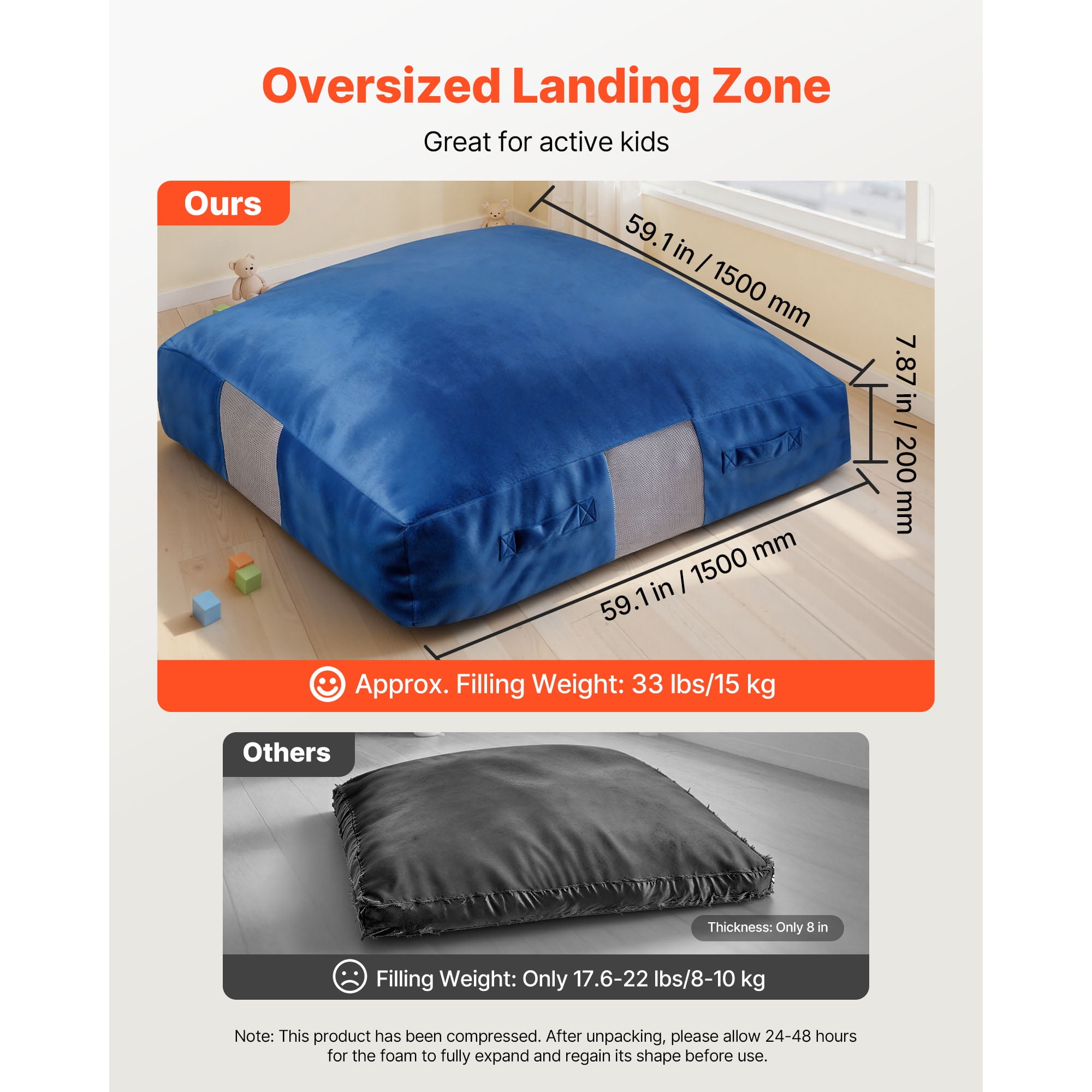 KFFKFF Crash Pad, 5 x 5 ft Sensory Pad for Kids with Foam Blocks and Washable Cover, Large Soft Foam Mat for Jumping, Relaxing, and Play in Sensory Rooms