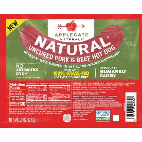 Applegate Antibiotic Free Pork & Beef Hot Dog, 130 Cals, 10oz (Refrigerated)