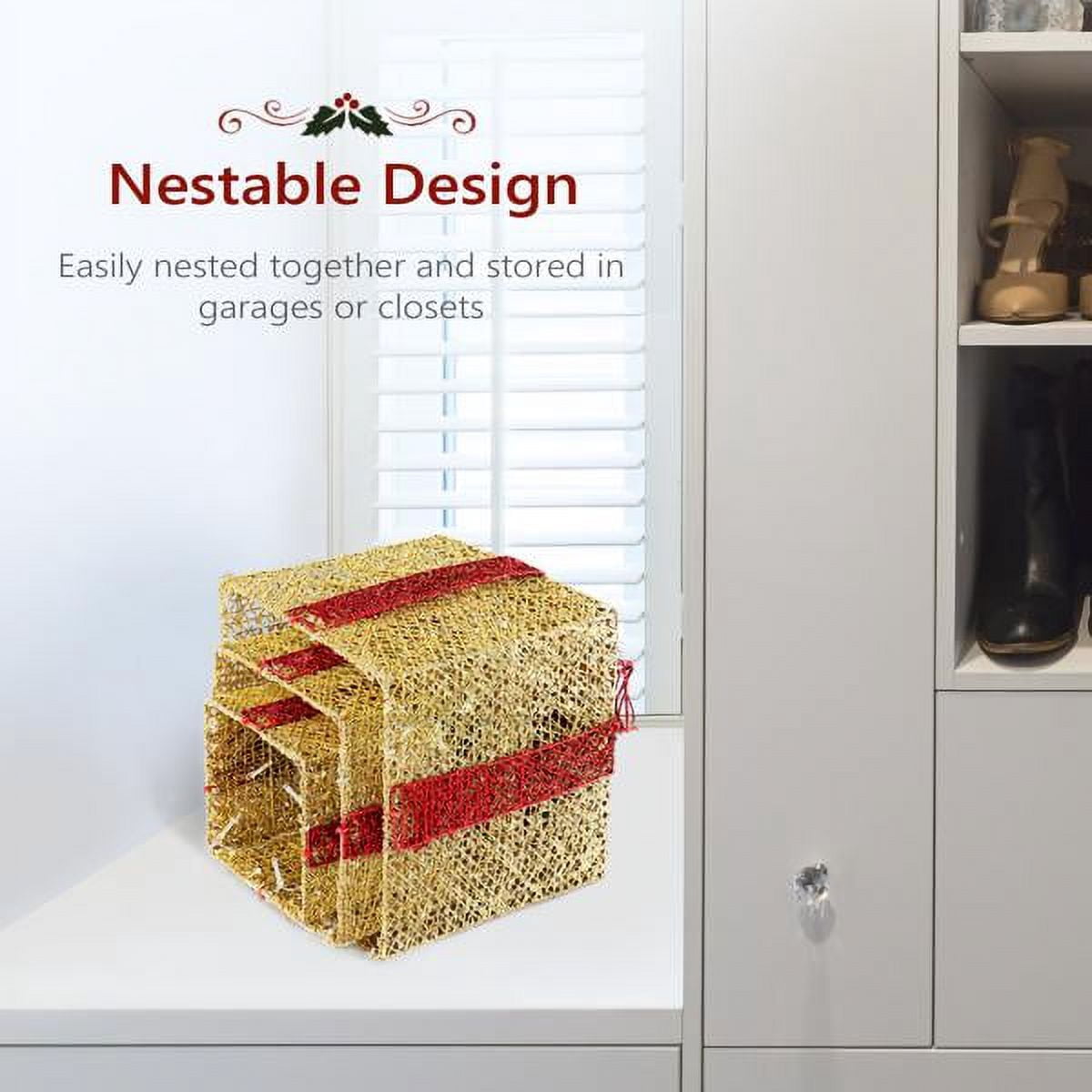 3PCS Golden Gift Box, Garden Gift Box Decoration 5M Long Power Cord, 10 inch 8 inch 6 inch
