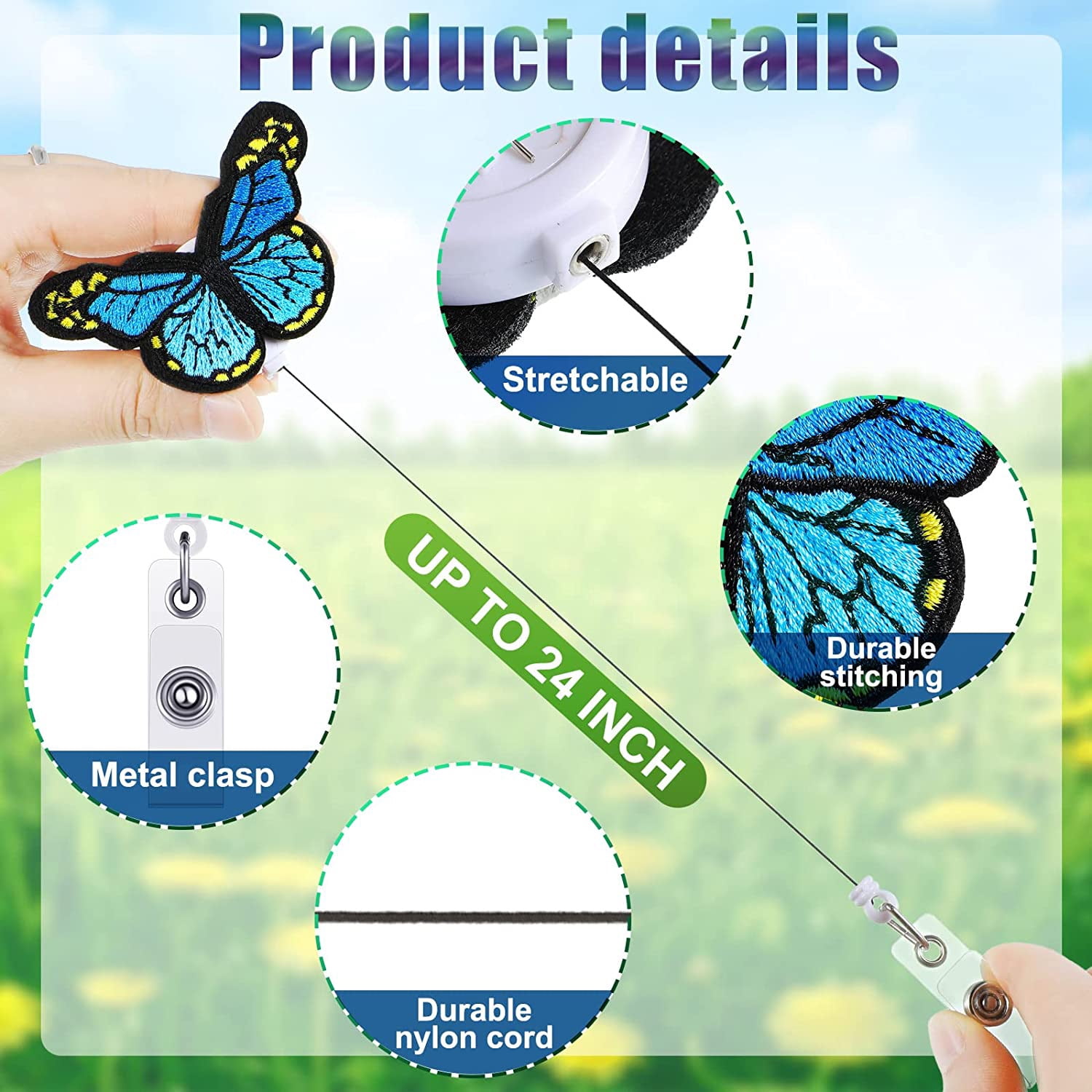 1 Clip Reel Embroidery ID Students Doctor Holder Badge Fashion Retractable  Butterfly