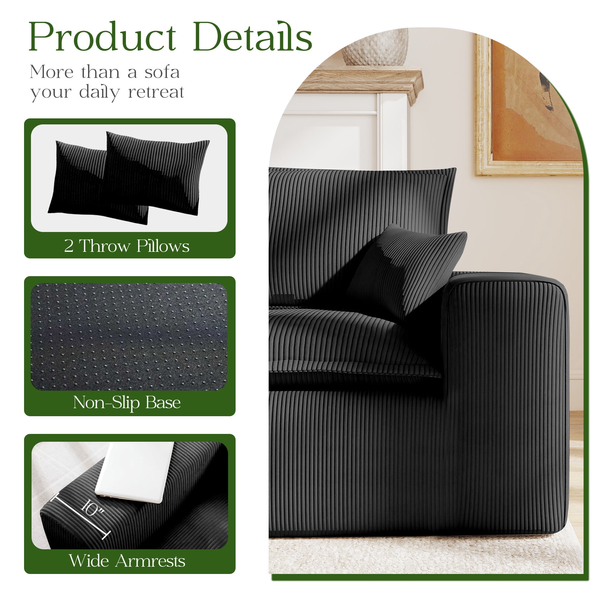 107" L-Shape Modular Sectional Sofa Corduroy Cloud Couch with Ottoman Compressed Foam for Living Room, No Assembly Required Black