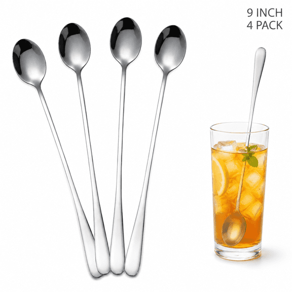 KuKeDi 4 Pack 9 inch Long Handle Spoons, Black Stainless Steel Stirring Spoons for Coffee, Iced Tea and Milkshakes