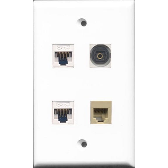 RiteAV 1 Port Phone RJ11 RJ12 Beige and 1 Port Toslink 2 Port Cat5e Ethernet White Wall Plate