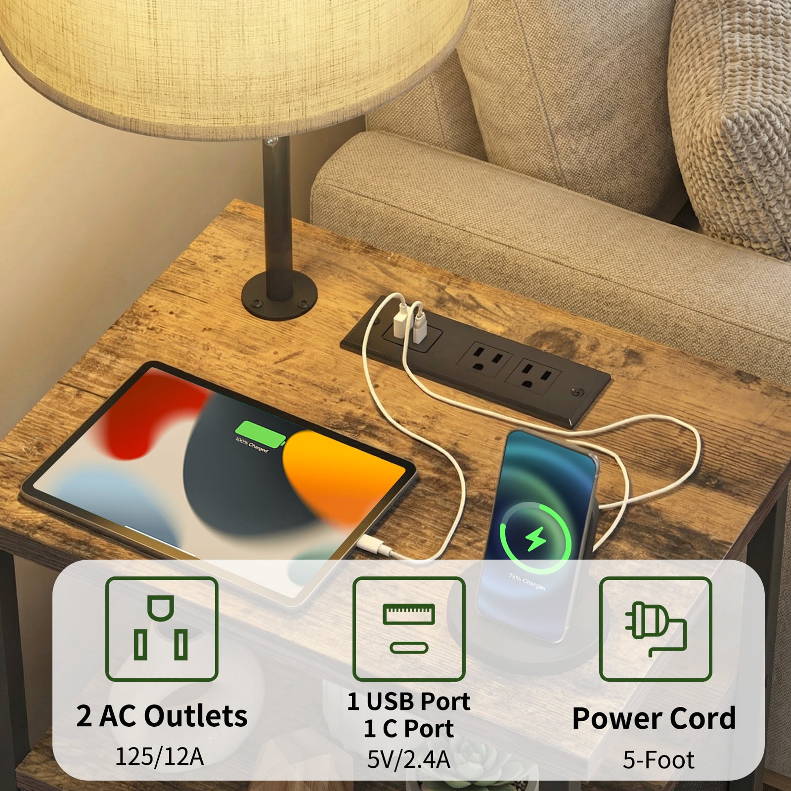 TOMNK Floor Lamp with Table, End Table for Living Room with Lamp, Shelves Side Table with Charging Station(USB & AC Port), 3 Color Temperature LED Bulb, Modern Nightstand Lamp for Bedroom, Office