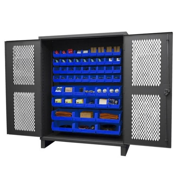 Durham HDCV60-54B-5295 12 Gauge Recessed Door Style Lockable Ventilated Cabinet with 54 Blue Hook on Bins, Gray - 60 in.