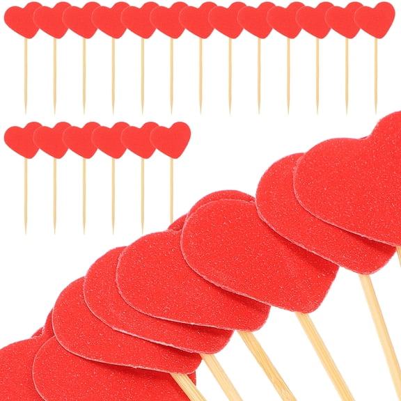 Luxshiny 50Pcs Valentine Cake Picks Red Heart Dessert Toppers Paper and Bamboo Material